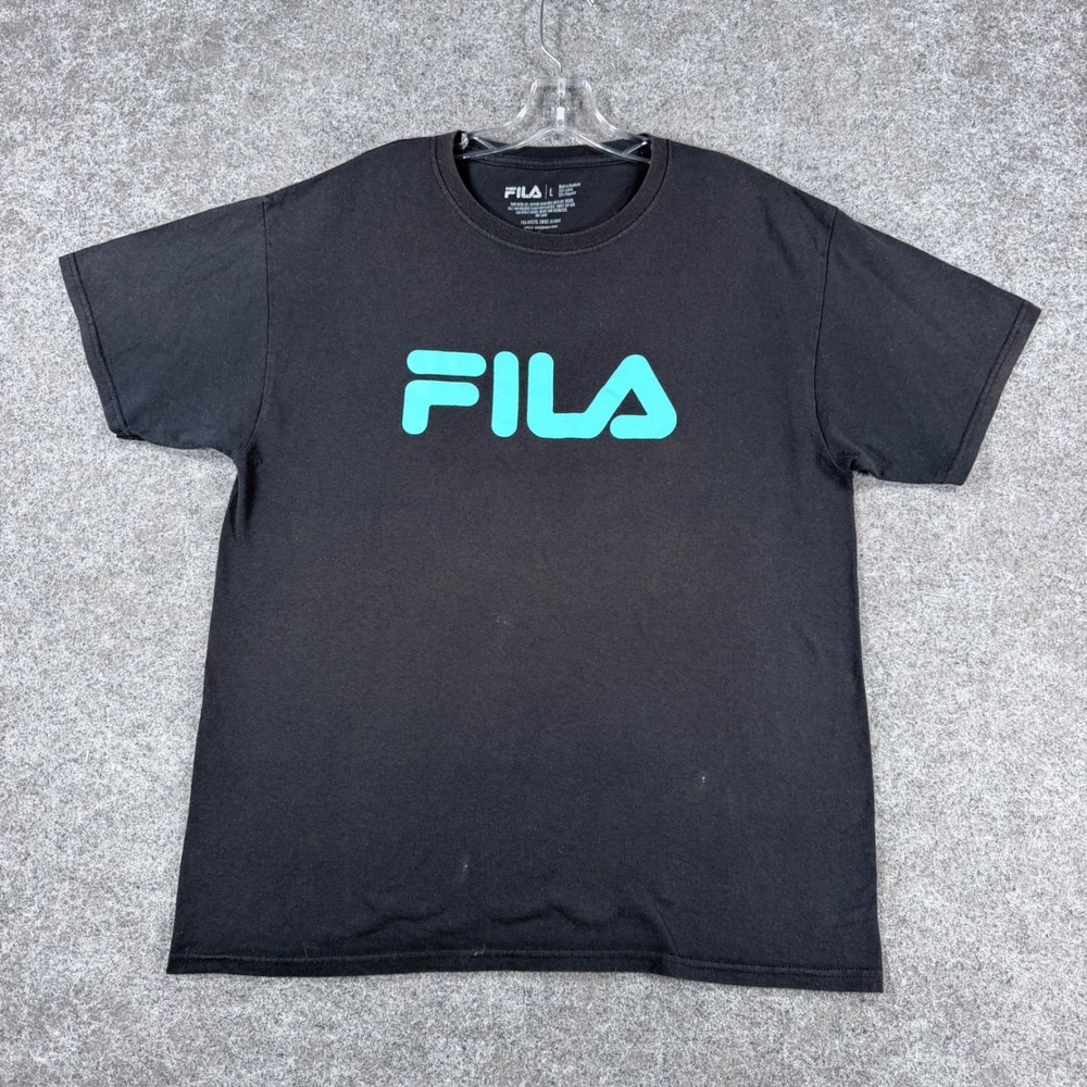 FILA Mens Large T-Shirt Black Teal Logo Short Sleeve Stains